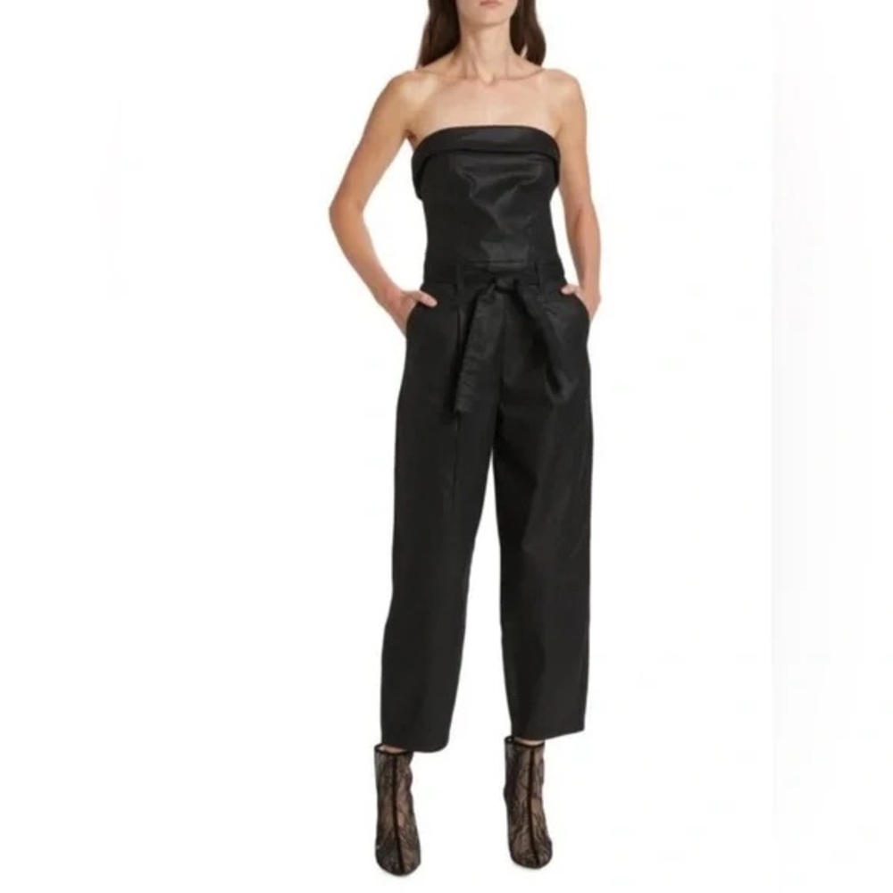 NWT 7 For All Mankind Balloon Leg Leathered Denim Crop Jumpsuit Strapless Sz XS